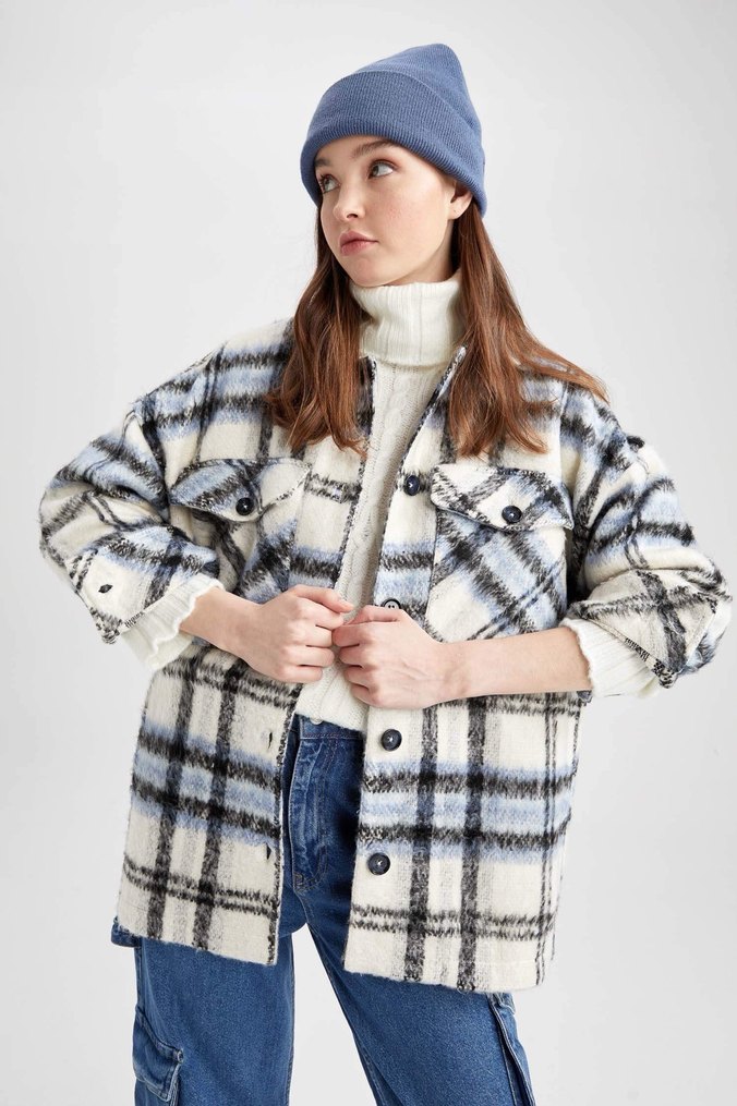 Düğmeli Ekose Desenli Gri Kadın Gömlek - Görsel 2