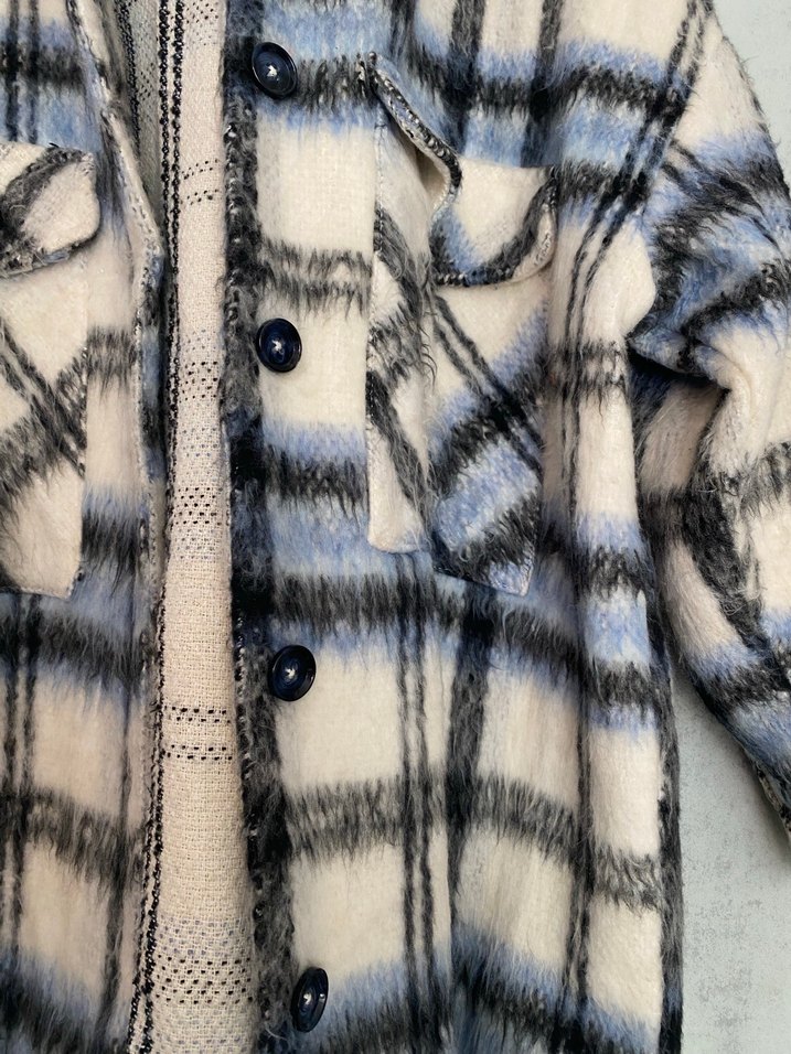 Düğmeli Ekose Desenli Gri Kadın Gömlek - Görsel 5