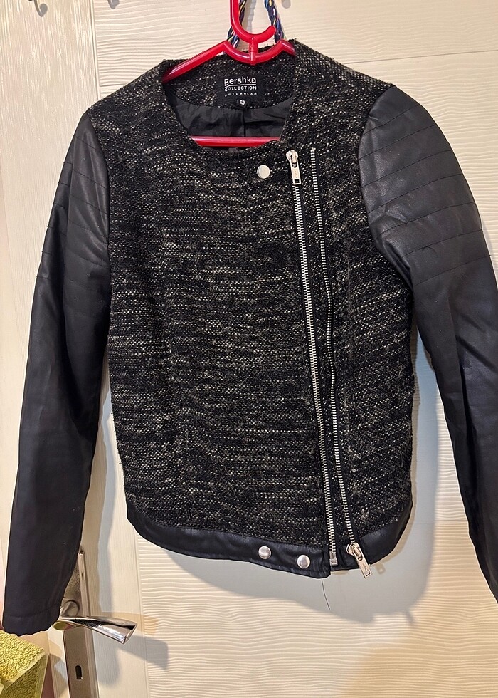 Kadin deri ceket ortasi orgu kumas cift fermuar - Görsel 3