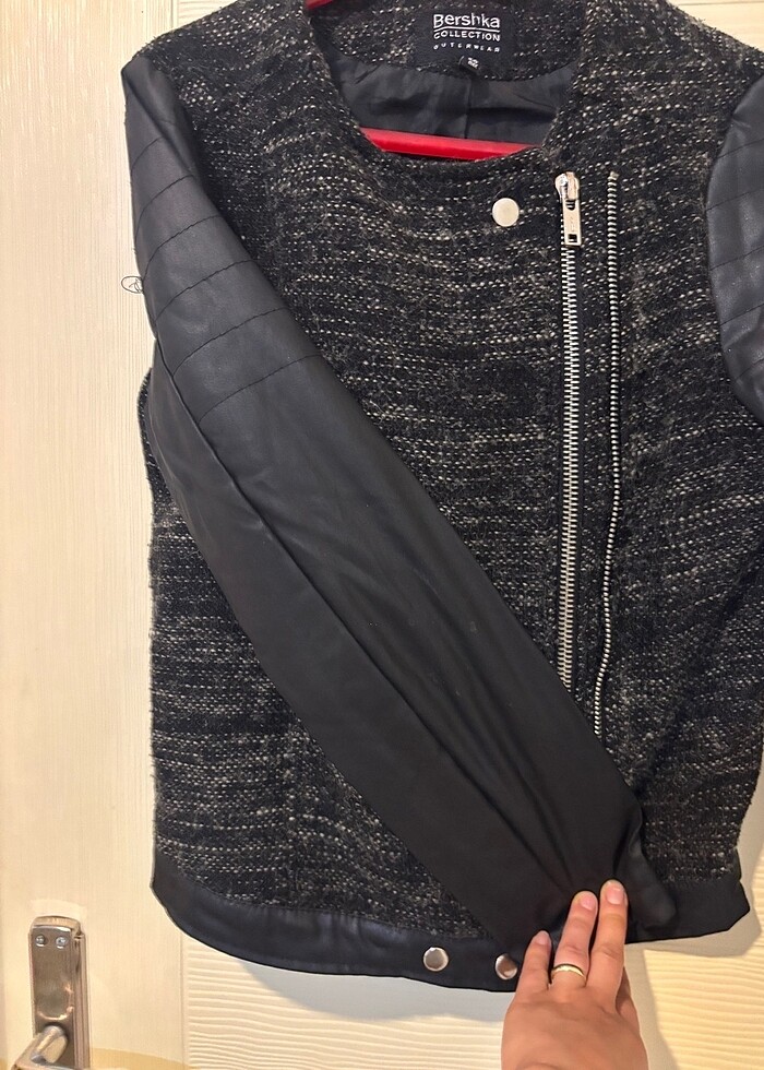 Kadin deri ceket ortasi orgu kumas cift fermuar - Görsel 4