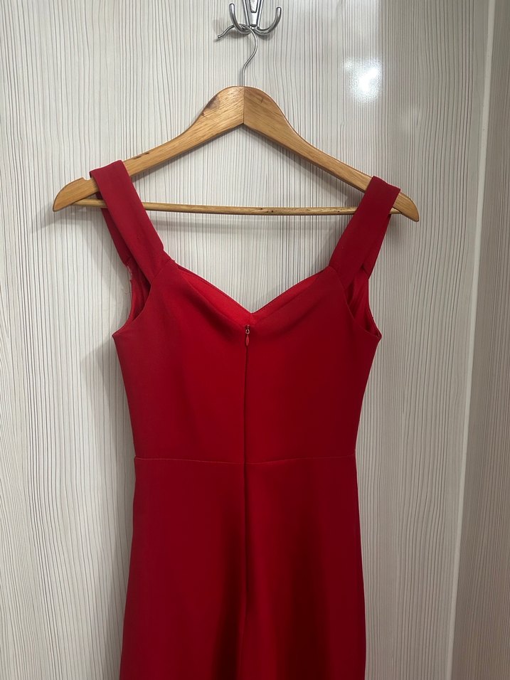 Kırmızı Drapeli Uzun balık Abiye Elbise - Görsel 5