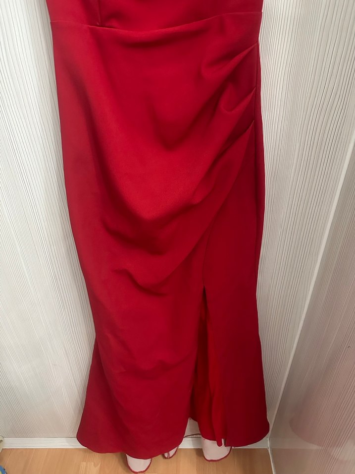 Kırmızı Drapeli Uzun balık Abiye Elbise - Görsel 2