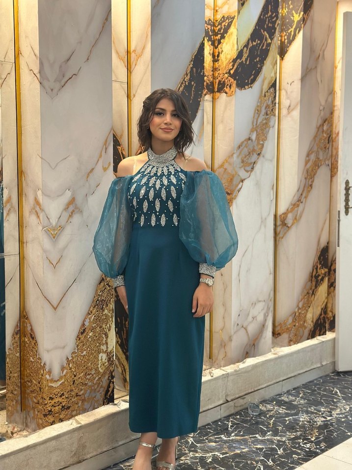 Uzun Kollu Mavi Drapeli Bohem Kadın Elbise - Görsel 2