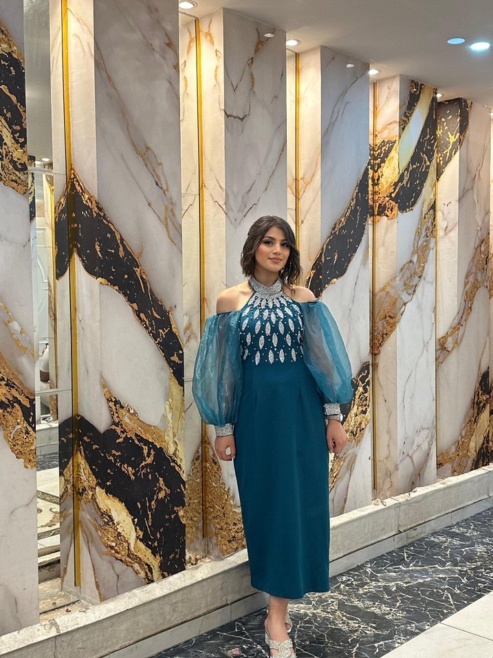 Uzun Kollu Mavi Drapeli Bohem Kadın Elbise - Görsel 3