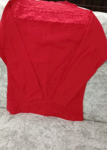 Kırmızı V Yaka detayi dantel Uzun Kollu Kadın penye - Görsel 4