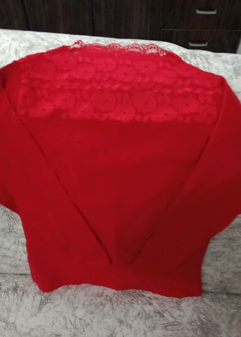 Kırmızı V Yaka detayi dantel Uzun Kollu Kadın penye - Görsel 3