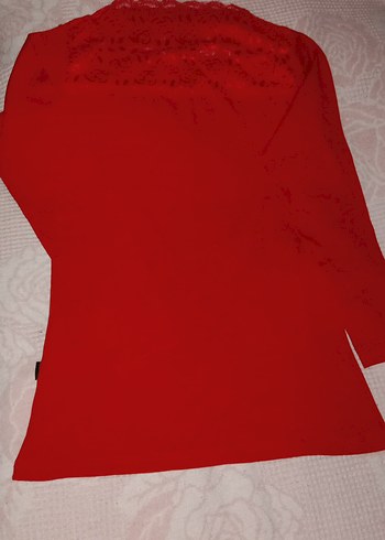 Kırmızı V Yaka detayi dantel Uzun Kollu Kadın penye - Görsel 2