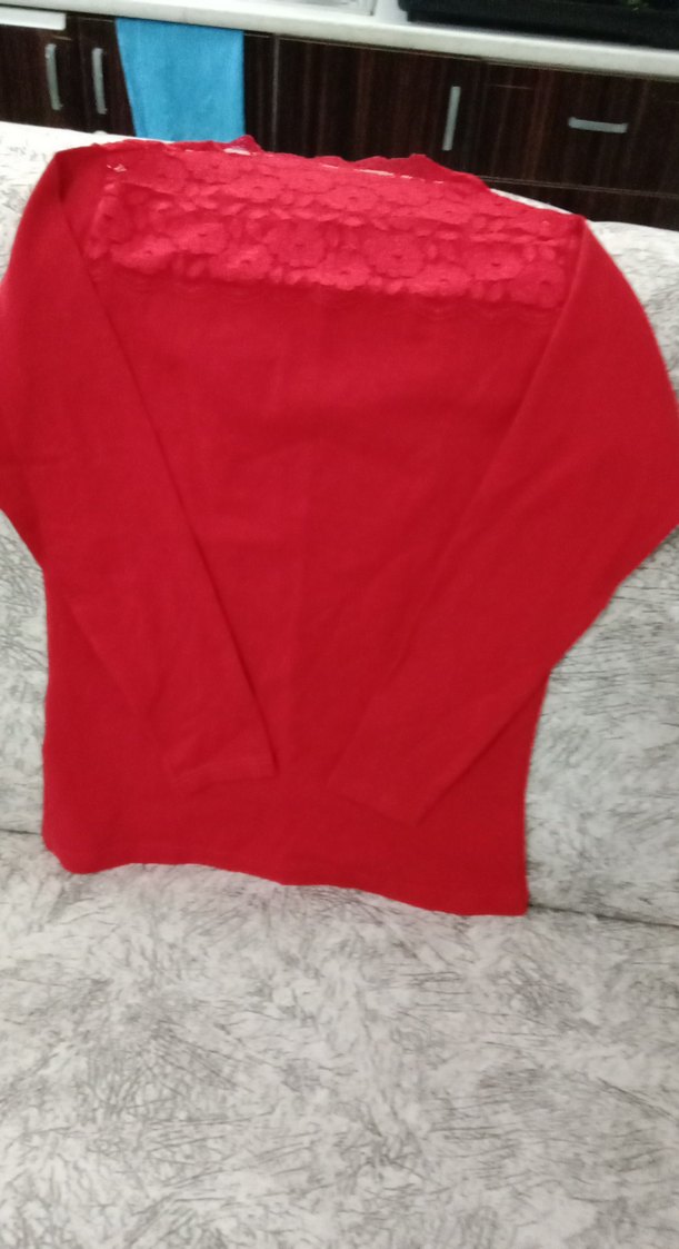 Kırmızı V Yaka detayi dantel Uzun Kollu Kadın penye - Görsel 4