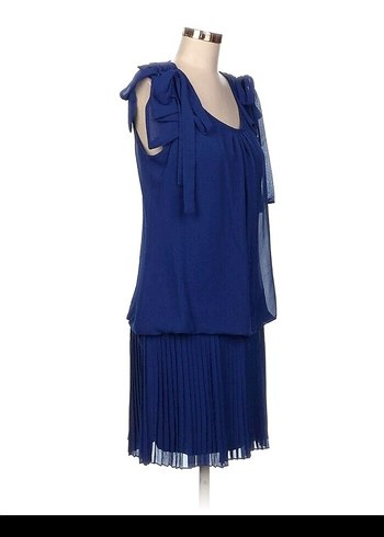 Kolsuz Lacivert Pilili Midi Elbise - Görsel 2