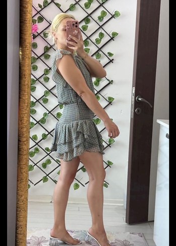 Gri Fırfırlı Bohem Mini Elbise - Görsel 6