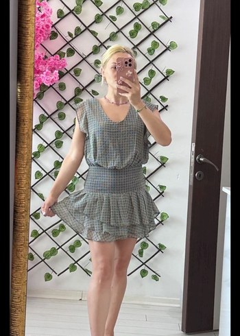 Gri Fırfırlı Bohem Mini Elbise - Görsel 7