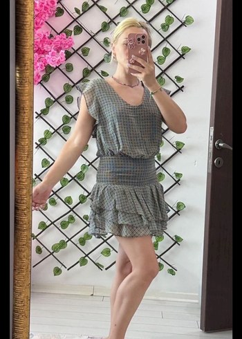 Gri Fırfırlı Bohem Mini Elbise - Görsel 2