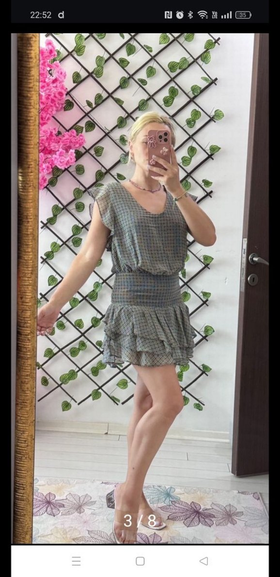 Gri Fırfırlı Bohem Mini Elbise - Görsel 2