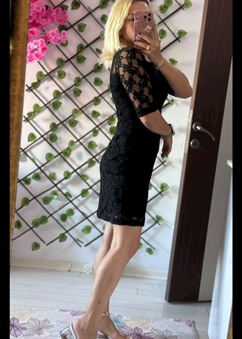 Dantel Detaylı Siyah Mini Elbise - Görsel 4