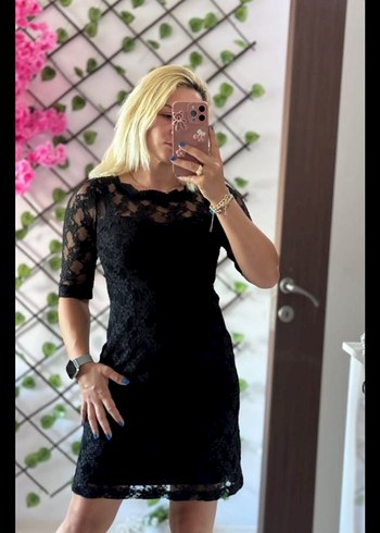 Dantel Detaylı Siyah Mini Elbise - Görsel 3