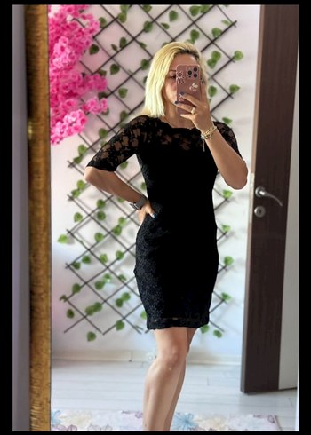 Dantel Detaylı Siyah Mini Elbise - Görsel 2