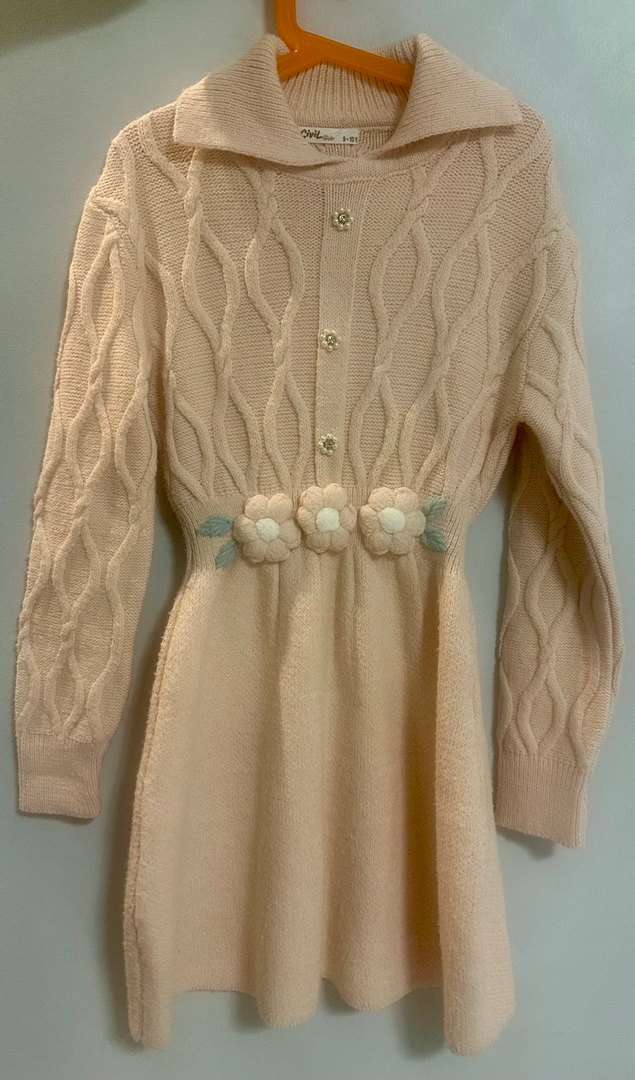 Pudra 9 Yaş yumuşak Şık  Örgü  Elbise - Görsel 2