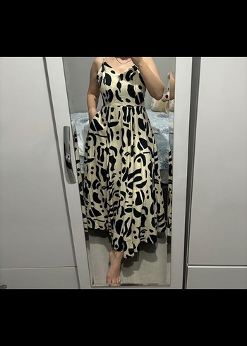 Diğer Kahverengi Zebra Desenli Uzun Askılı Elbise