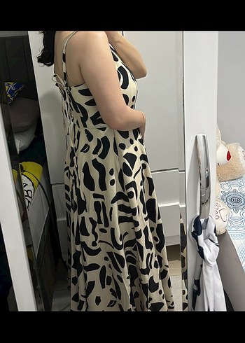 m Beden Kahverengi Zebra Desenli Uzun Askılı Elbise