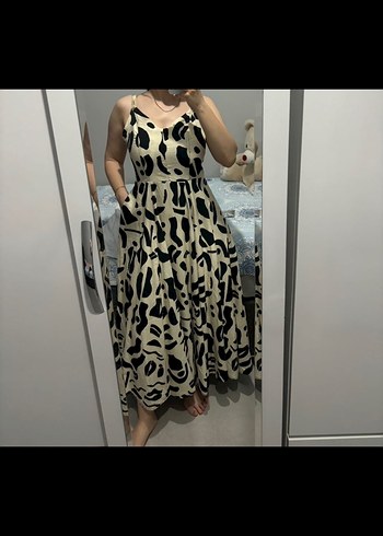 Kahverengi Zebra Desenli Uzun Askılı Elbise