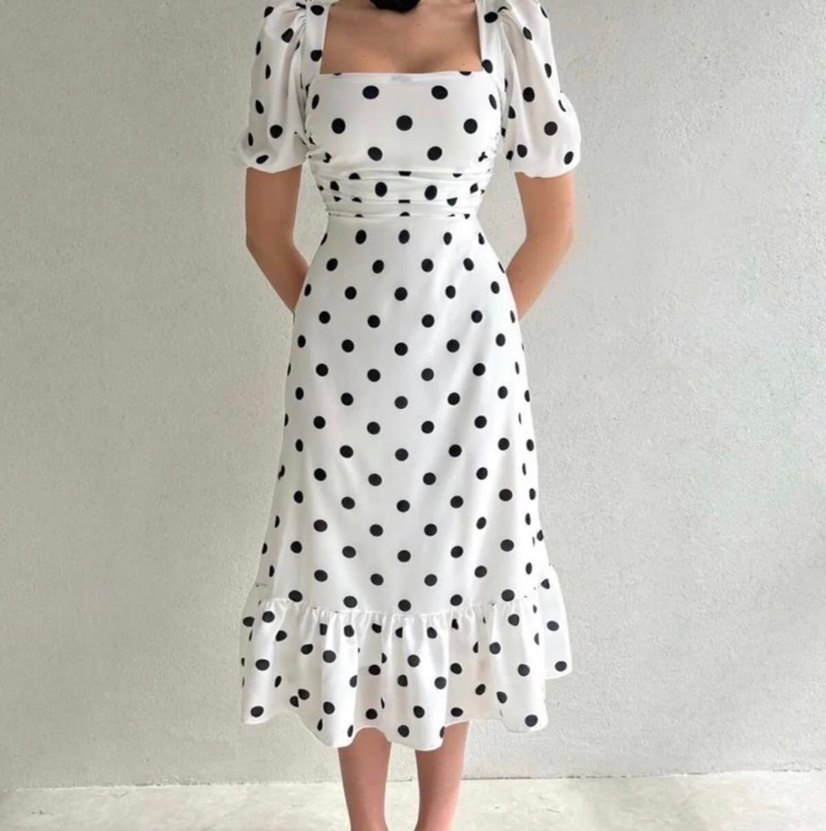 Siyah Puantiyeli Beyaz Uzun Elbise - Görsel 4