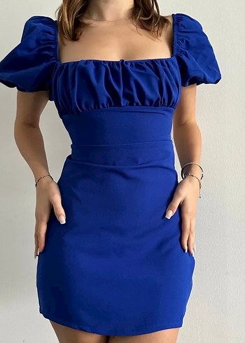 Parlak Mavi Straplez Mini Elbise sırt dekolteli - Görsel 2