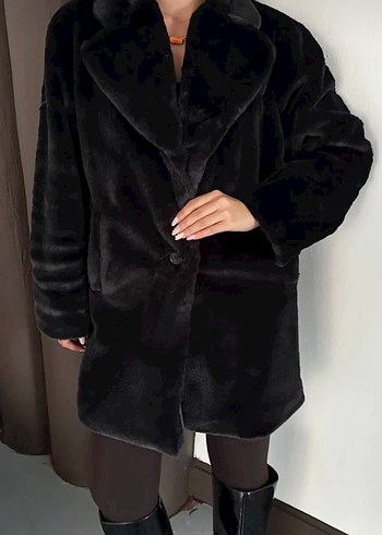 Siyah Suni Kürk Midi Boy Rahat Kesim - Görsel 3