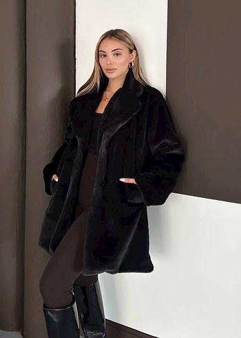 Siyah Suni Kürk Midi Boy Rahat Kesim - Görsel 2