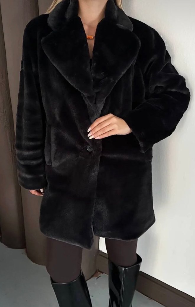 Siyah Suni Kürk Midi Boy Rahat Kesim - Görsel 3