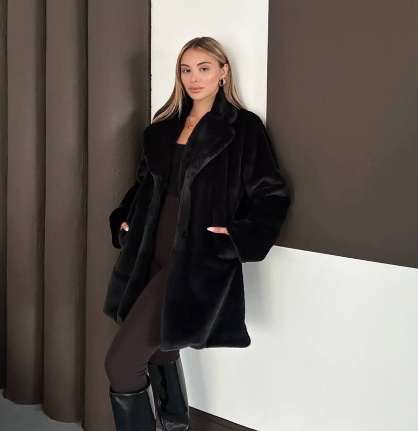 Siyah Suni Kürk Midi Boy Rahat Kesim - Görsel 2