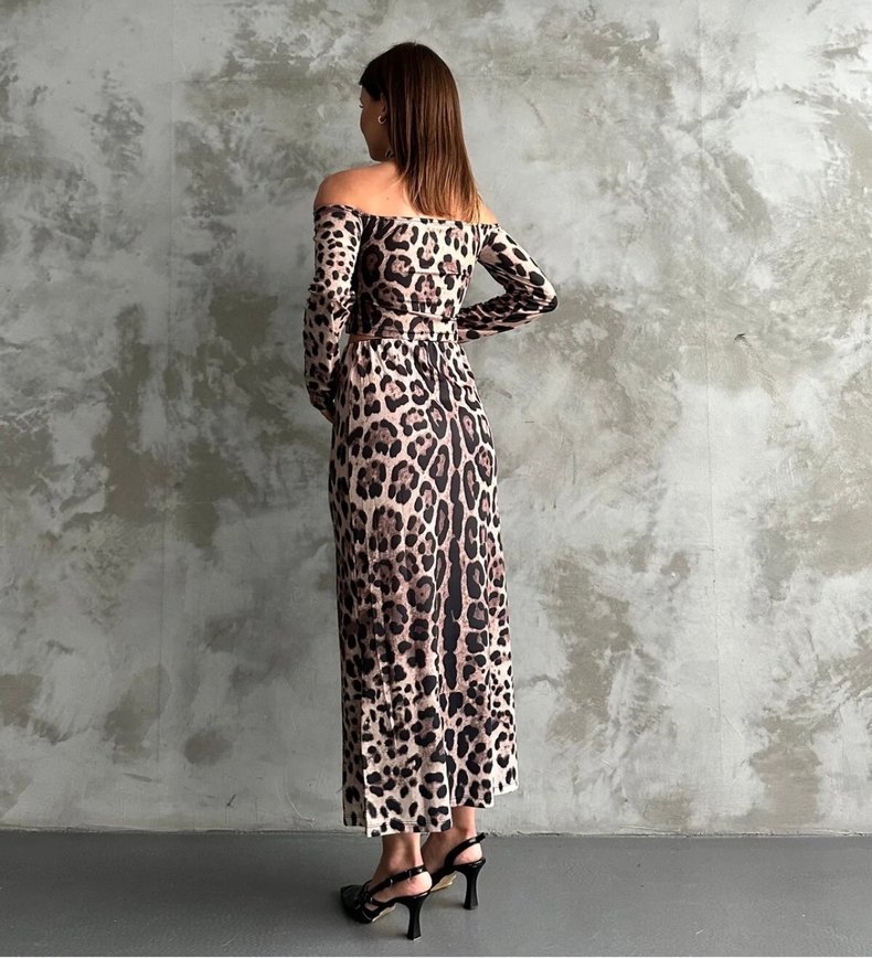 Leopar Desenli Uzun Kollu Straplez Elbise - Görsel 2