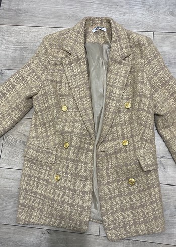 Bej Ekose Desenli Kadın Kısa Blazer Ceket - Görsel 2