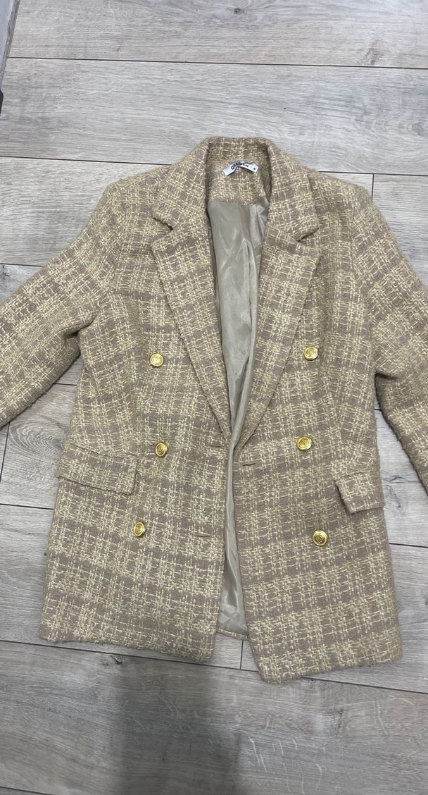 Bej Ekose Desenli Kadın Kısa Blazer Ceket - Görsel 2