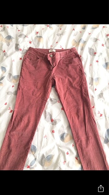 Pembe Kadife Fitilli Dar Düşük Bel Pantolon