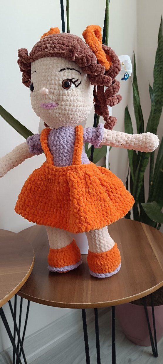 Turuncu Elbiseli Renkli Örgü Bebek - Görsel 5