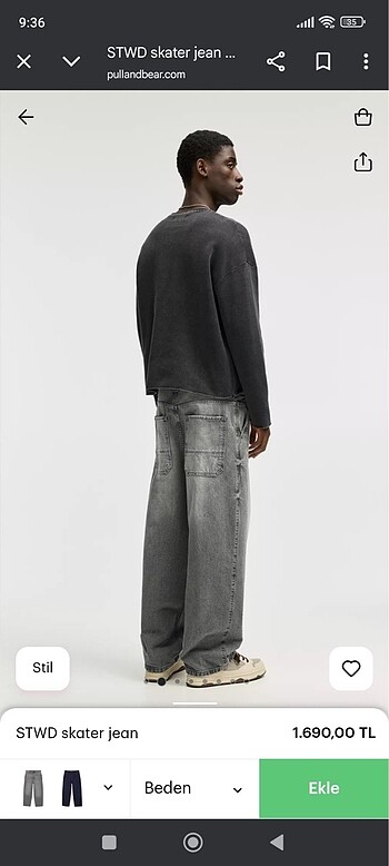 Stwd skatter jean gri erkek baggy pull&bear pantalon