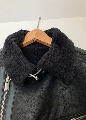American Vintage Siyah Kürklü Deri Biker Ceket UNISEX