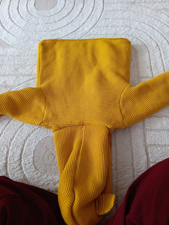 Kapüşonlu Sarı Örgü unisex Çocuk Montu - Görsel 4