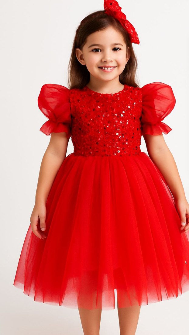 Kız Çocuk Kırmızı Payetli Tül Abiye Elbise - Görsel 2