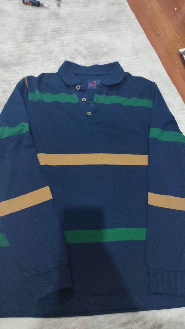 Uzun Kollu Lacivert Çizgili Polo sweatshirt - Görsel 2