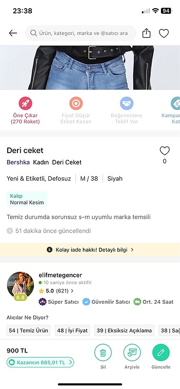 m Beden siyah Renk Deri ceket