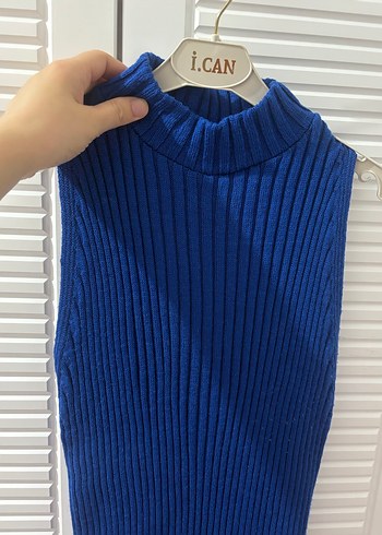 Mavi Fitilli Triko Midi Elbise - Görsel 2