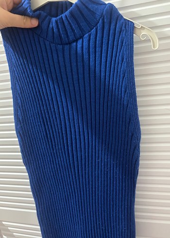 Mavi Fitilli Triko Midi Elbise - Görsel 3