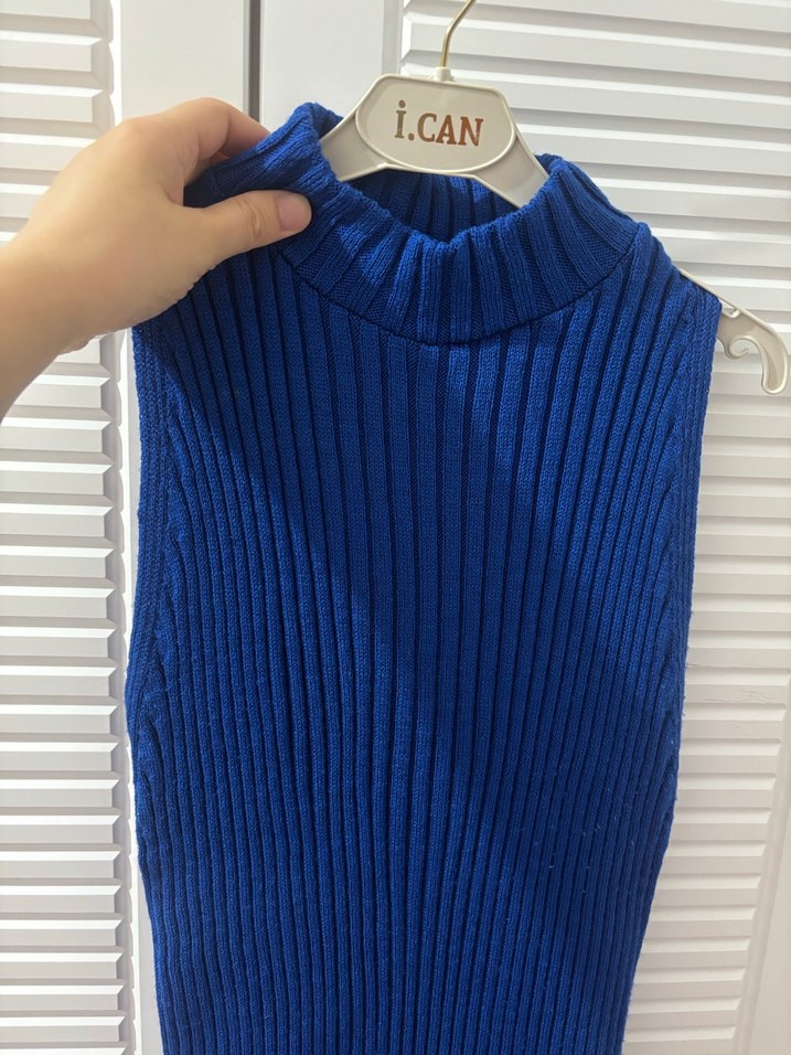 Mavi Fitilli Triko Midi Elbise - Görsel 2