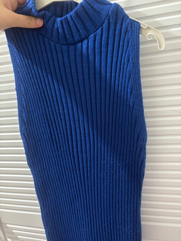 Mavi Fitilli Triko Midi Elbise - Görsel 3