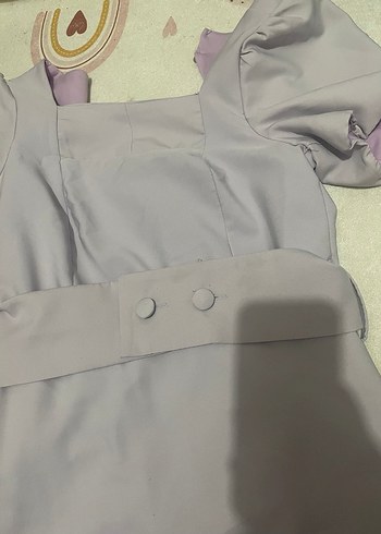 Pastel Mor Midi Elbise, Kısa Kollu, Tek Renk - Görsel 3