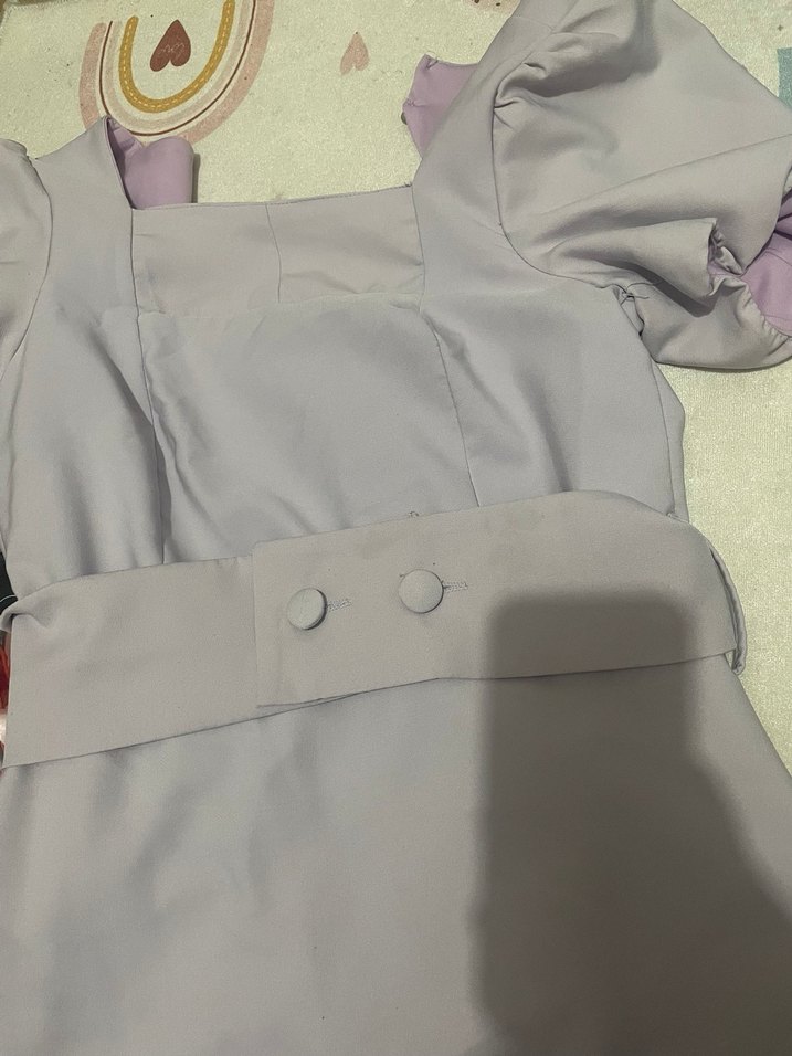 Pastel Mor Midi Elbise, Kısa Kollu, Tek Renk - Görsel 3