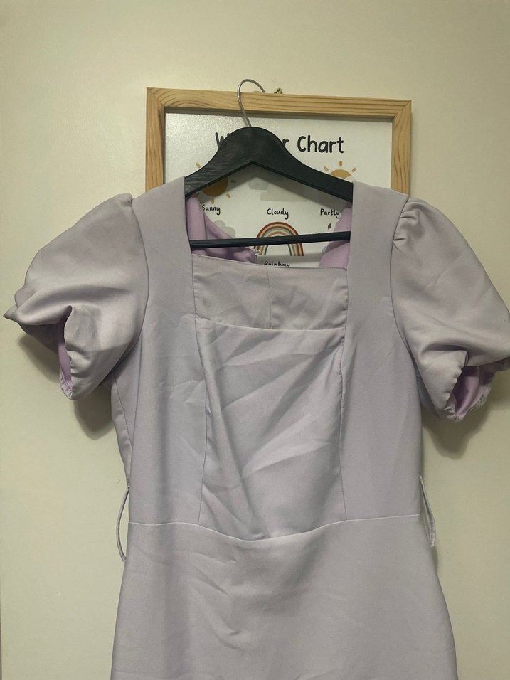 Pastel Mor Midi Elbise, Kısa Kollu, Tek Renk - Görsel 2