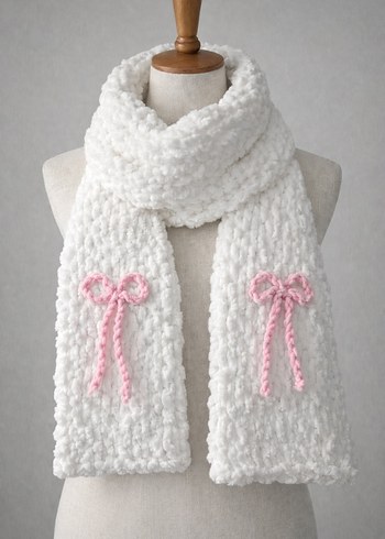 Beyaz Kadın Örgü Atkı Pembe Fiyonk Detaylı - Görsel 2