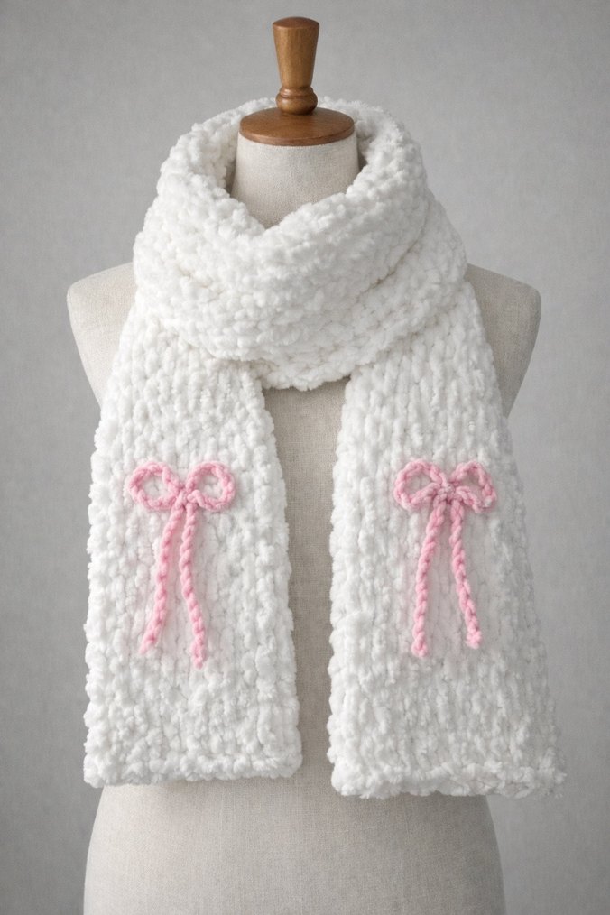 Beyaz Kadın Örgü Atkı Pembe Fiyonk Detaylı - Görsel 2